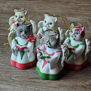 Set of 5 Christmas Cat Angel Ornament Bell Choir Singing Resin Lot Holiday